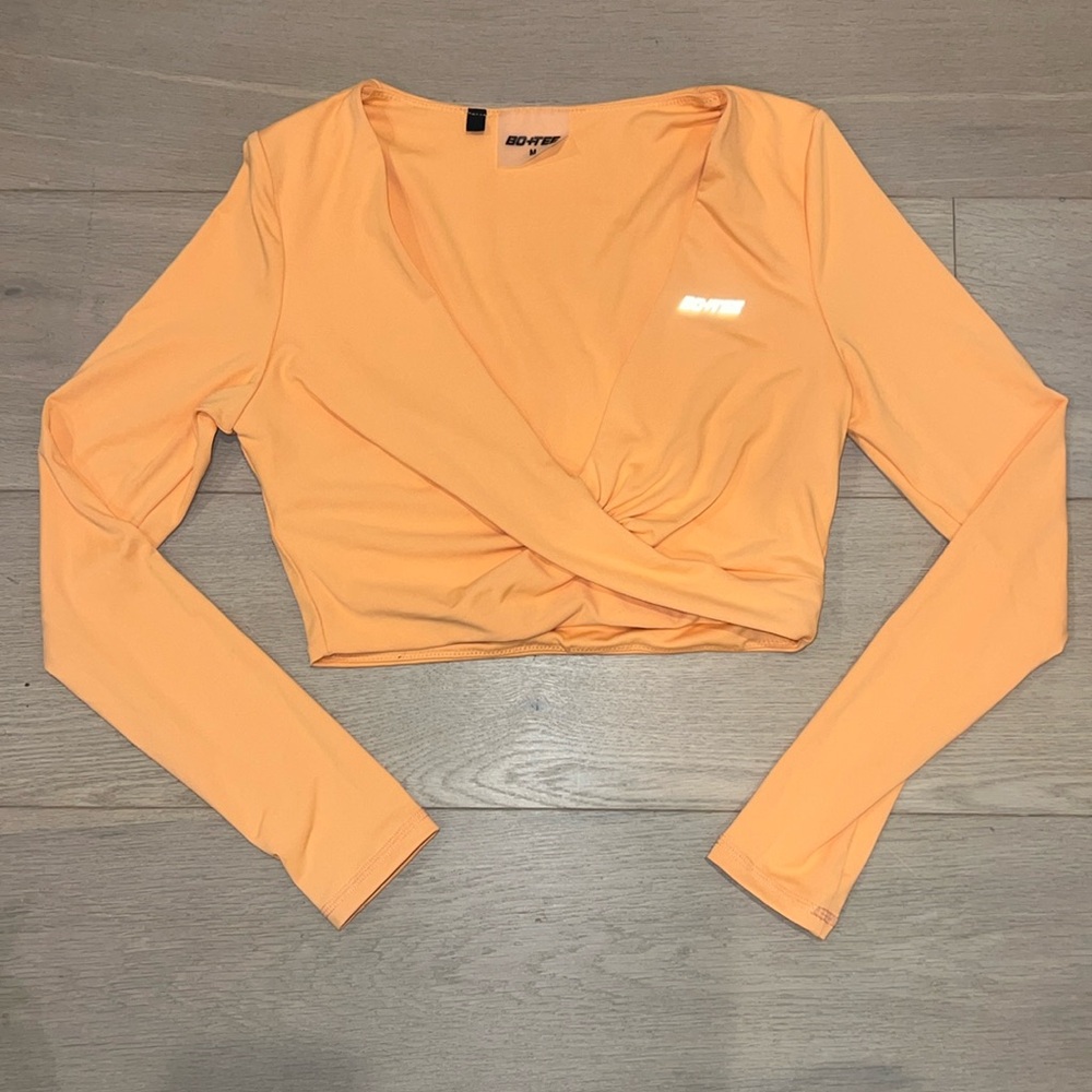 Bo and tee peach, orange, long sleeve crop top workout shirt -medium